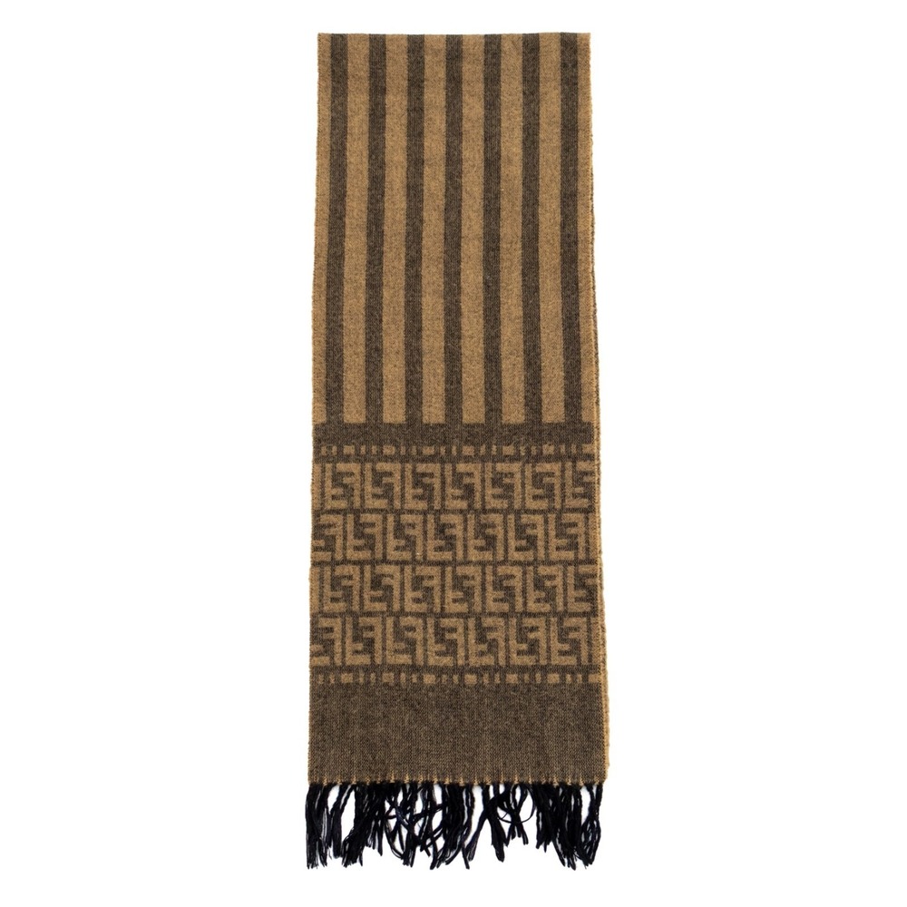 Vintage Fendi Zucca Wool Scarf Brown Monogram‎ Fringe Made in Italy 160x30cm